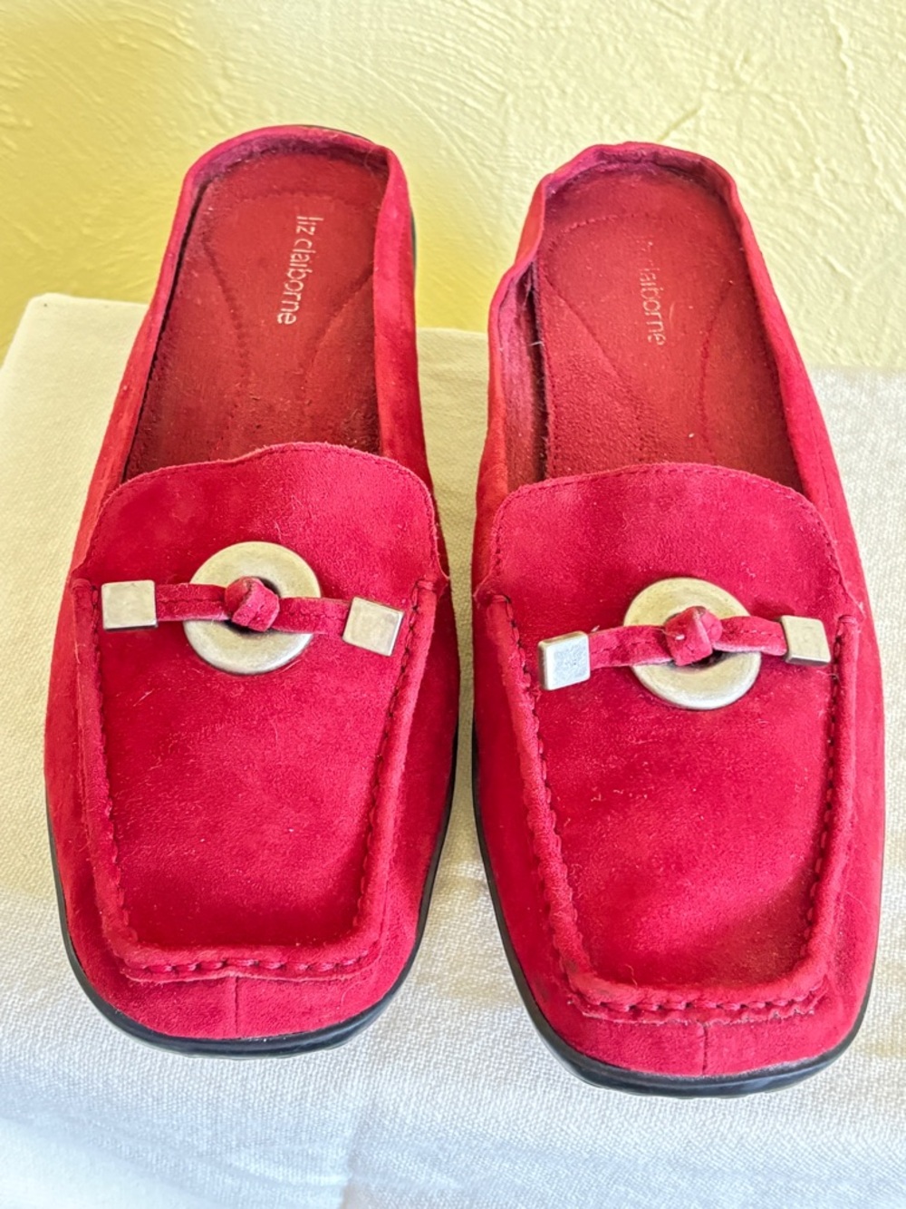 Liz Claiborne Bright Red Suede Loafers with Gold Ring Accent
